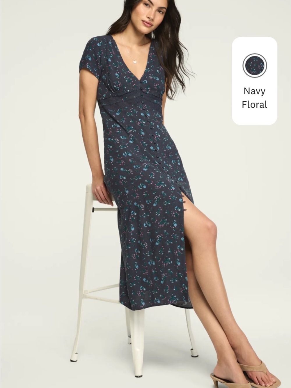 Lucky Brand Navy Floral V-Neck Maxi Dress with Side Slit